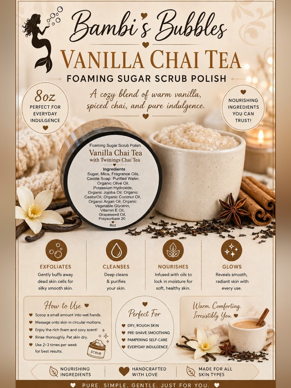 8oz New! Vanilla Chai Tea Foaming Sugar Scrub Polish